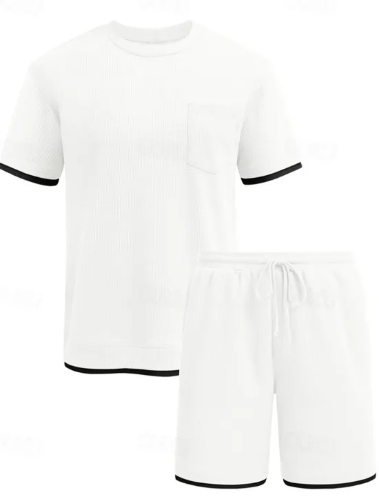Online OUKU Men's Tracksuit T shirt & Shorts Outfit Set Crew Neck Outdoor Daily Sports Pocket Drawstring Patchwork Wine Red Black White Polyester Activewear Streetwear Lightweight Summer