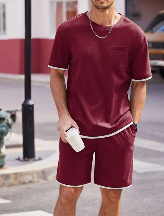 Online OUKU Men's Tracksuit T shirt & Shorts Outfit Set Crew Neck Outdoor Daily Sports Pocket Drawstring Patchwork Wine Red Black White Polyester Activewear Streetwear Lightweight Summer