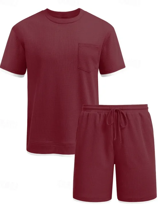 Online OUKU Men's Tracksuit T shirt & Shorts Outfit Set Crew Neck Outdoor Daily Sports Pocket Drawstring Patchwork Wine Red Black White Polyester Activewear Streetwear Lightweight Summer