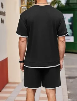 Online OUKU Men's Tracksuit T shirt & Shorts Outfit Set Crew Neck Outdoor Daily Sports Pocket Drawstring Patchwork Wine Red Black White Polyester Activewear Streetwear Lightweight Summer