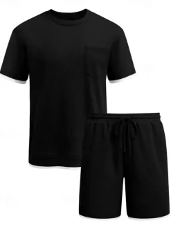 Online OUKU Men's Tracksuit T shirt & Shorts Outfit Set Crew Neck Outdoor Daily Sports Pocket Drawstring Patchwork Wine Red Black White Polyester Activewear Streetwear Lightweight Summer