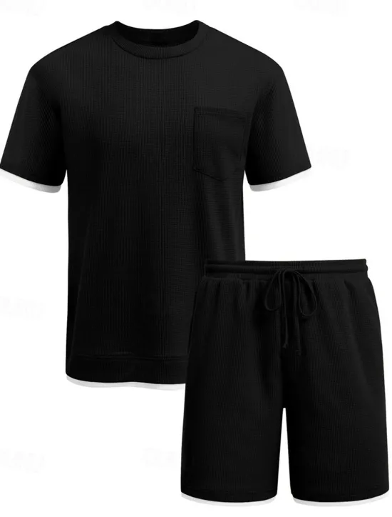 Online OUKU Men's Tracksuit T shirt & Shorts Outfit Set Crew Neck Outdoor Daily Sports Pocket Drawstring Patchwork Wine Red Black White Polyester Activewear Streetwear Lightweight Summer