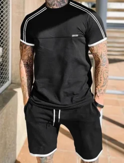 Outlet OUKU Men's Tracksuit T shirt & Shorts Outfit Set Crew Neck Outdoor Daily Sports Pocket Drawstring Patchwork Black Red Light Grey Polyester Activewear Streetwear Lightweight Summer