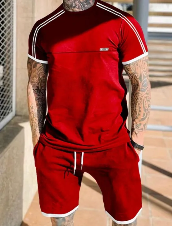 Outlet OUKU Men's Tracksuit T shirt & Shorts Outfit Set Crew Neck Outdoor Daily Sports Pocket Drawstring Patchwork Black Red Light Grey Polyester Activewear Streetwear Lightweight Summer