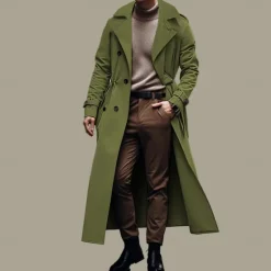 New OUKU Men's Transition Jacket Long Trench Coat Going out All Seasons Polyester Lightweight Outerwear Clothing Apparel Streetwear Plain Turndown Double Breasted