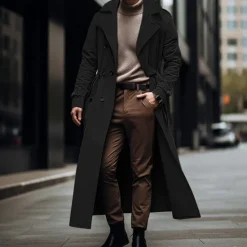 New OUKU Men's Transition Jacket Long Trench Coat Going out All Seasons Polyester Lightweight Outerwear Clothing Apparel Streetwear Plain Turndown Double Breasted