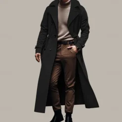 New OUKU Men's Transition Jacket Long Trench Coat Going out All Seasons Polyester Lightweight Outerwear Clothing Apparel Streetwear Plain Turndown Double Breasted