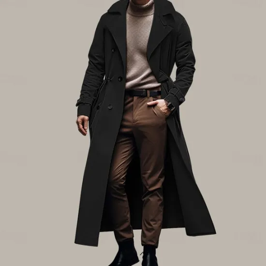 New OUKU Men's Transition Jacket Long Trench Coat Going out All Seasons Polyester Lightweight Outerwear Clothing Apparel Streetwear Plain Turndown Double Breasted