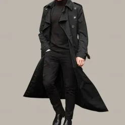Outlet OUKU Men's Transition Jacket Trench Coat Going out All Seasons Polyester Windproof Outerwear Clothing Apparel Classic Plain Pocket Lapel Double Breasted