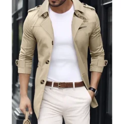 Sale OUKU Men's Transition Jacket Trench Coat Going out Spring & Fall Polyester Windbreaker Outerwear Clothing Apparel Streetwear Plain Turndown Single Breasted