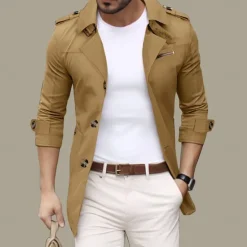 Sale OUKU Men's Transition Jacket Trench Coat Going out Spring & Fall Polyester Windbreaker Outerwear Clothing Apparel Streetwear Plain Turndown Single Breasted