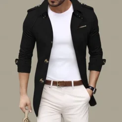Sale OUKU Men's Transition Jacket Trench Coat Going out Spring & Fall Polyester Windbreaker Outerwear Clothing Apparel Streetwear Plain Turndown Single Breasted