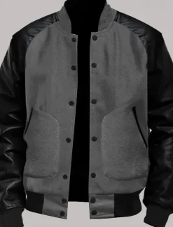 Online OUKU Men's Transition Jacket Varsity Jacket Daily Wear Leather Sleeved Spring & Fall Plain Streetwear Stand Collar Short Black White Light Grey Dark Gray Jacket