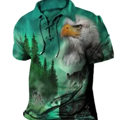Discount OUKU Men's Tree Graphic Prints Eagle Polo Shirt Golf Shirt Short Sleeve Shirt Turndown Outdoor Street Light Green Red Blue Purple Green Drawstring Print Clothing Apparel Sports Fashion Streetwear Designer