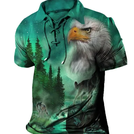 Discount OUKU Men's Tree Graphic Prints Eagle Polo Shirt Golf Shirt Short Sleeve Shirt Turndown Outdoor Street Light Green Red Blue Purple Green Drawstring Print Clothing Apparel Sports Fashion Streetwear Designer