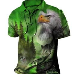 Discount OUKU Men's Tree Graphic Prints Eagle Polo Shirt Golf Shirt Short Sleeve Shirt Turndown Outdoor Street Light Green Red Blue Purple Green Drawstring Print Clothing Apparel Sports Fashion Streetwear Designer