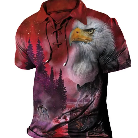 Discount OUKU Men's Tree Graphic Prints Eagle Polo Shirt Golf Shirt Short Sleeve Shirt Turndown Outdoor Street Light Green Red Blue Purple Green Drawstring Print Clothing Apparel Sports Fashion Streetwear Designer