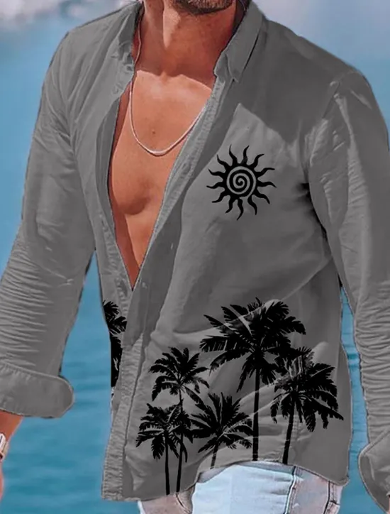 Online OUKU Men's Tree Sun Tropical Plants Summer Shirt Beach Shirt Summer Hawaiian Shirt Long Sleeve Shirt Lapel Fashion Classic Casual Vacation Hawaiian Holiday White Blue Khaki S M L