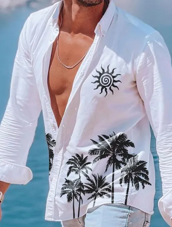 Online OUKU Men's Tree Sun Tropical Plants Summer Shirt Beach Shirt Summer Hawaiian Shirt Long Sleeve Shirt Lapel Fashion Classic Casual Vacation Hawaiian Holiday White Blue Khaki S M L