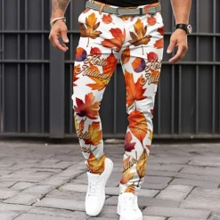 Online OUKU Men's Trees / Leaves Dress Pants Mid Waist Vintage Casual Formal Dailywear Pocket Summer Spring Fall 3D Print Orange