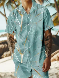Online OUKU Men's Trees / Leaves 2pcs Shirts Sets Summer Hawaiian Shirt Short Sleeve Short Pants Cuban Collar Vacation Party Casual Daily 3D Print Summer Lake blue Violet Green