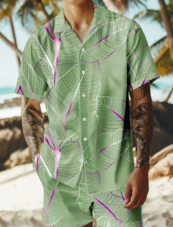Online OUKU Men's Trees / Leaves 2pcs Shirts Sets Summer Hawaiian Shirt Short Sleeve Short Pants Cuban Collar Vacation Party Casual Daily 3D Print Summer Lake blue Violet Green