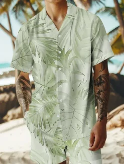 Discount OUKU Men's Trees / Leaves 2pcs Shirts Sets Summer Hawaiian Shirt Short Sleeve Short Pants Cuban Collar Vacation Casual Beach Vacation Wear 3D Print Summer Grey White Light Green