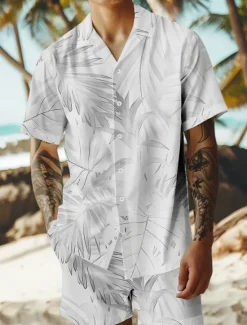 Discount OUKU Men's Trees / Leaves 2pcs Shirts Sets Summer Hawaiian Shirt Short Sleeve Short Pants Cuban Collar Vacation Casual Beach Vacation Wear 3D Print Summer Grey White Light Green
