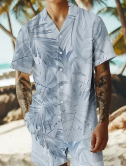 Discount OUKU Men's Trees / Leaves 2pcs Shirts Sets Summer Hawaiian Shirt Short Sleeve Short Pants Cuban Collar Vacation Casual Beach Vacation Wear 3D Print Summer Grey White Light Green