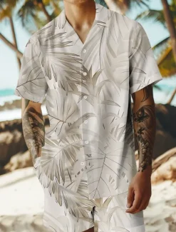 Discount OUKU Men's Trees / Leaves 2pcs Shirts Sets Summer Hawaiian Shirt Short Sleeve Short Pants Cuban Collar Vacation Casual Beach Vacation Wear 3D Print Summer Grey White Light Green