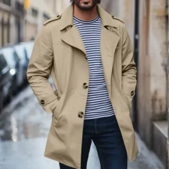 Discount OUKU Men's Trench Coat Carnival Party Spring Fall Winter Cotton Outerwear Clothing Apparel Elegant Vintage non-printing Solid Color Button Fold-over Collar