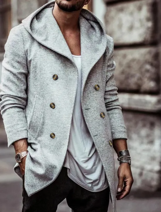 Clearance OUKU Men's Trench Coat Hoodied Jacket Vacation Daily Spring & Fall Polyester Soft Outerwear Clothing Apparel Fashion Classic Plain Pocket Hooded Double Breasted