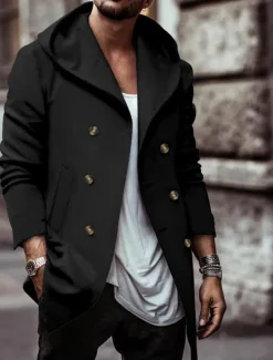 Clearance OUKU Men's Trench Coat Hoodied Jacket Vacation Daily Spring & Fall Polyester Soft Outerwear Clothing Apparel Fashion Classic Plain Pocket Hooded Double Breasted