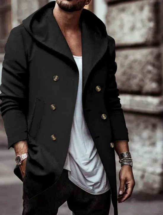 Clearance OUKU Men's Trench Coat Hoodied Jacket Vacation Daily Spring & Fall Polyester Soft Outerwear Clothing Apparel Fashion Classic Plain Pocket Hooded Double Breasted