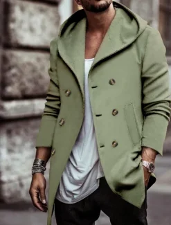 Clearance OUKU Men's Trench Coat Hoodied Jacket Vacation Daily Spring & Fall Polyester Soft Outerwear Clothing Apparel Fashion Classic Plain Pocket Hooded Double Breasted