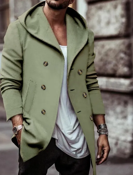 Clearance OUKU Men's Trench Coat Hoodied Jacket Vacation Daily Spring & Fall Polyester Soft Outerwear Clothing Apparel Fashion Classic Plain Pocket Hooded Double Breasted