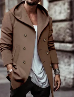 Clearance OUKU Men's Trench Coat Hoodied Jacket Vacation Daily Spring & Fall Polyester Soft Outerwear Clothing Apparel Fashion Classic Plain Pocket Hooded Double Breasted