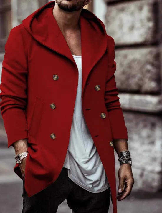 Clearance OUKU Men's Trench Coat Hoodied Jacket Vacation Daily Spring & Fall Polyester Soft Outerwear Clothing Apparel Fashion Classic Plain Pocket Hooded Double Breasted