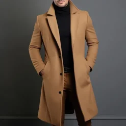 Outlet OUKU Men's Trench Coat Long Trench Coat Daily Vacation Fall & Winter Polyester Thermal Warm Outerwear Clothing Apparel Fashion Classic Plain Pocket Lapel Single Breasted