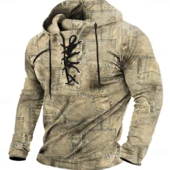 Online OUKU Men's Tribal Bandana Print Stylish Ethnic Long Sleeve Hooded Streetwear Blue Khaki Drawstring Layered Fall Winter Designer
