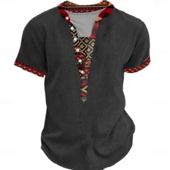 OUKU Men's Tribal Bandana Print T Shirt Henley Shirt Short Sleeve 3D Print Designer Ethnic Vacation Casual Daily Summer Spring Heather Gray Khaki Black Gray Henley Henley T-Shirt