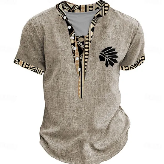Discount OUKU Men's Tribal Bandana Print T Shirt Henley Shirt Short Sleeve 3D Print Designer Ethnic Vacation Casual Daily Summer Spring Yellow Green Khaki Henley Henley T-Shirt