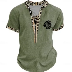 Discount OUKU Men's Tribal Bandana Print T Shirt Henley Shirt Short Sleeve 3D Print Designer Ethnic Vacation Casual Daily Summer Spring Yellow Green Khaki Henley Henley T-Shirt