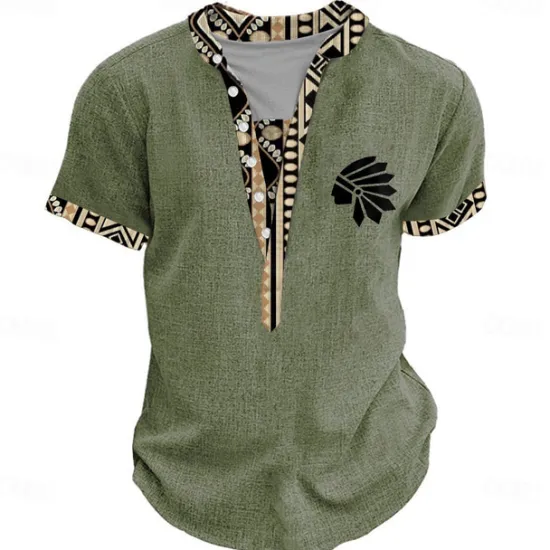 Discount OUKU Men's Tribal Bandana Print T Shirt Henley Shirt Short Sleeve 3D Print Designer Ethnic Vacation Casual Daily Summer Spring Yellow Green Khaki Henley Henley T-Shirt