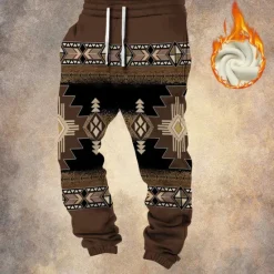 Online OUKU Men's Tribal Cowboy Fleece Sweatpants Drawstring Elastic Waist Vintage Casual Outdoor Home Dailywear Pocket Thermal Winter 3D Print Black Navy Blue Brown
