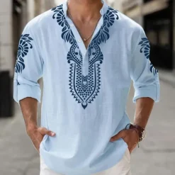 OUKU Men's Tribal Ethnic Bandana Print Shirt Linen Shirt Button Up Shirt Long Sleeve Tribal Vacation Daily Wear Going out Spring & Fall Stand Collar Buttons Print White Blue Khaki