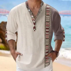 OUKU Men's Tribal Ethnic Shirt Linen Shirt Button Up Shirt Long Sleeve Tribal Vacation Daily Wear Going out Spring & Fall Stand Collar Buttons Print White Khaki Gray