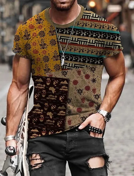 Hot OUKU Men's Tribal Graphic Prints Totem T Shirt Short Sleeve T shirt Other Prints Round Neck Shirt Designer Basic Casual Street Casual A B C Summer Spring & Summer Clothing Apparel Normal S M L XL XXL 3XL