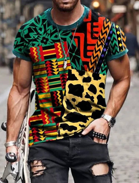 Hot OUKU Men's Tribal Graphic Prints Totem T Shirt Short Sleeve T shirt Other Prints Round Neck Shirt Designer Basic Casual Street Casual A B C Summer Spring & Summer Clothing Apparel Normal S M L XL XXL 3XL