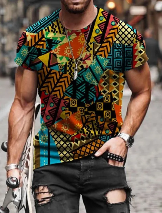 Hot OUKU Men's Tribal Graphic Prints Totem T Shirt Short Sleeve T shirt Other Prints Round Neck Shirt Designer Basic Casual Street Casual A B C Summer Spring & Summer Clothing Apparel Normal S M L XL XXL 3XL